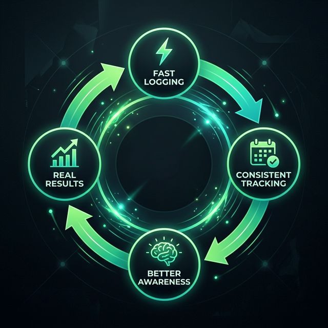 Circular flywheel diagram showing the cycle from fast logging to consistent tracking to better awareness to real results