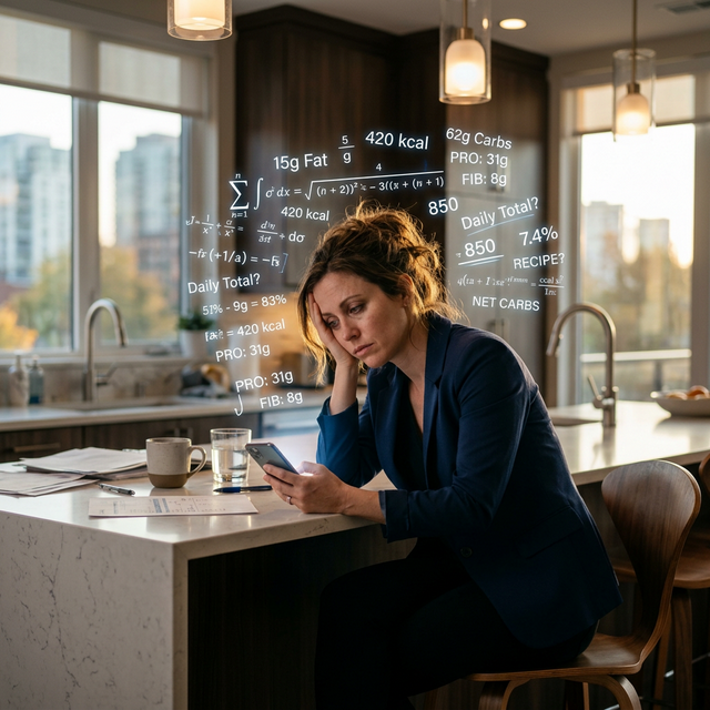 A tired professional at a kitchen counter