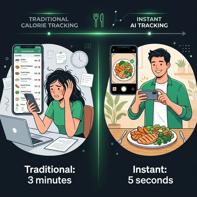 Comparison of traditional calorie tracking taking 3 minutes versus instant AI tracking taking 5 seconds