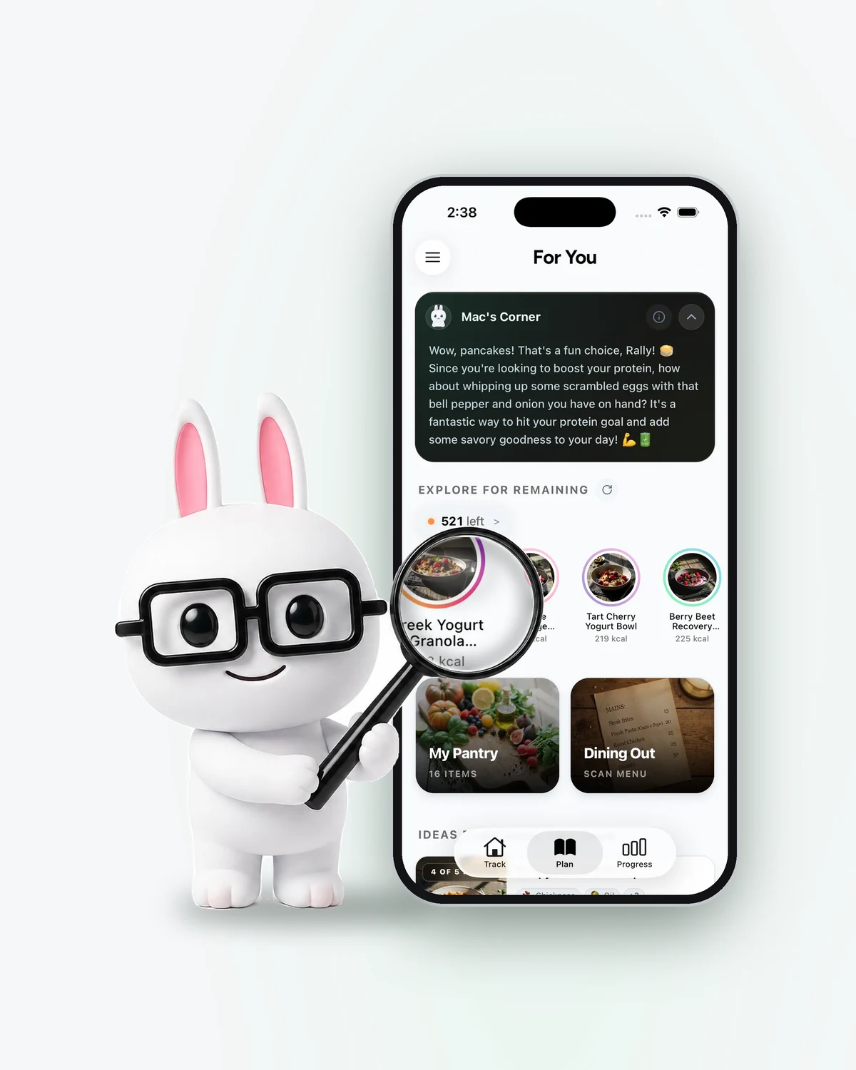 Mac, the Macrite mascot, holding a magnifying glass over the For You screen of the Macrite app