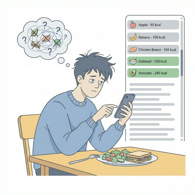 Illustration of a person frustrated while manually searching for food items in a tracking app