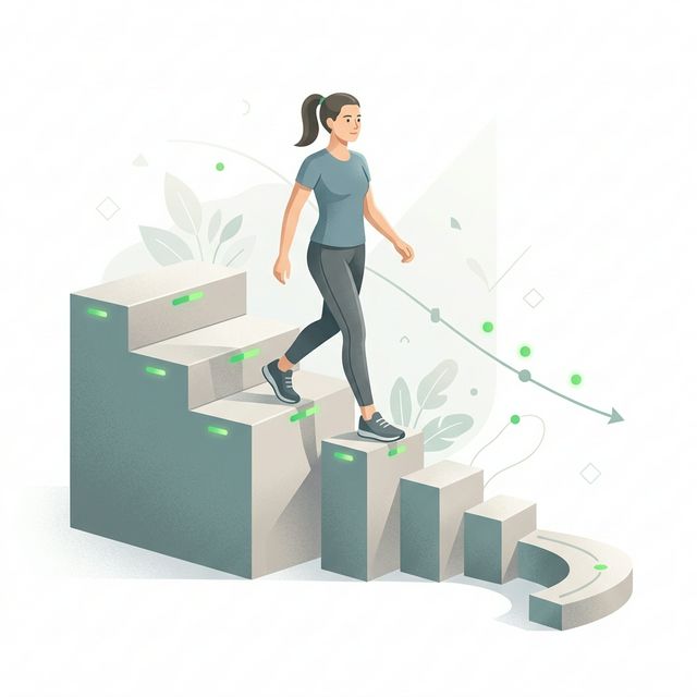 Illustration of a person walking down a staircase where each step gets smaller, representing diminishing metabolic returns