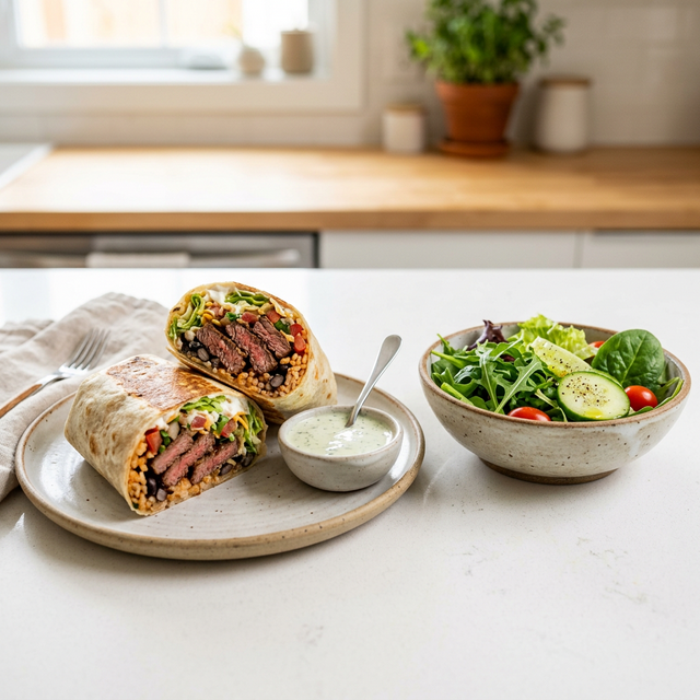 A steak burrito cut in half next to a plain salad