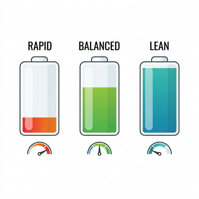 Three battery icons showing the sustainability trade-off: Rapid (nearly empty), Balanced (moderate), Lean (full)