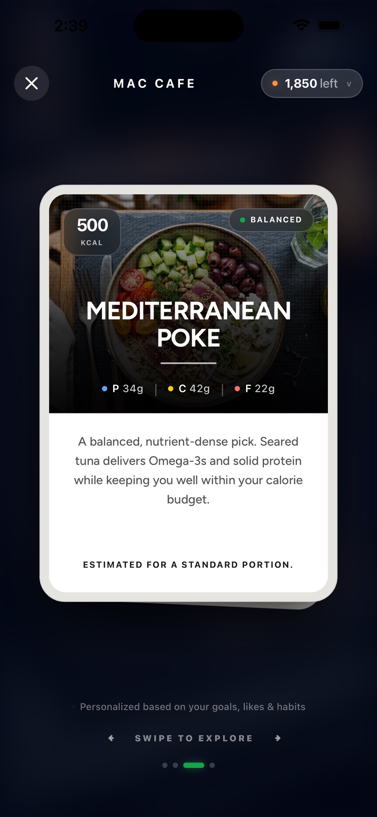 Menu scanner showing a Mediterranean Poke best-match card with macros and reasoning.