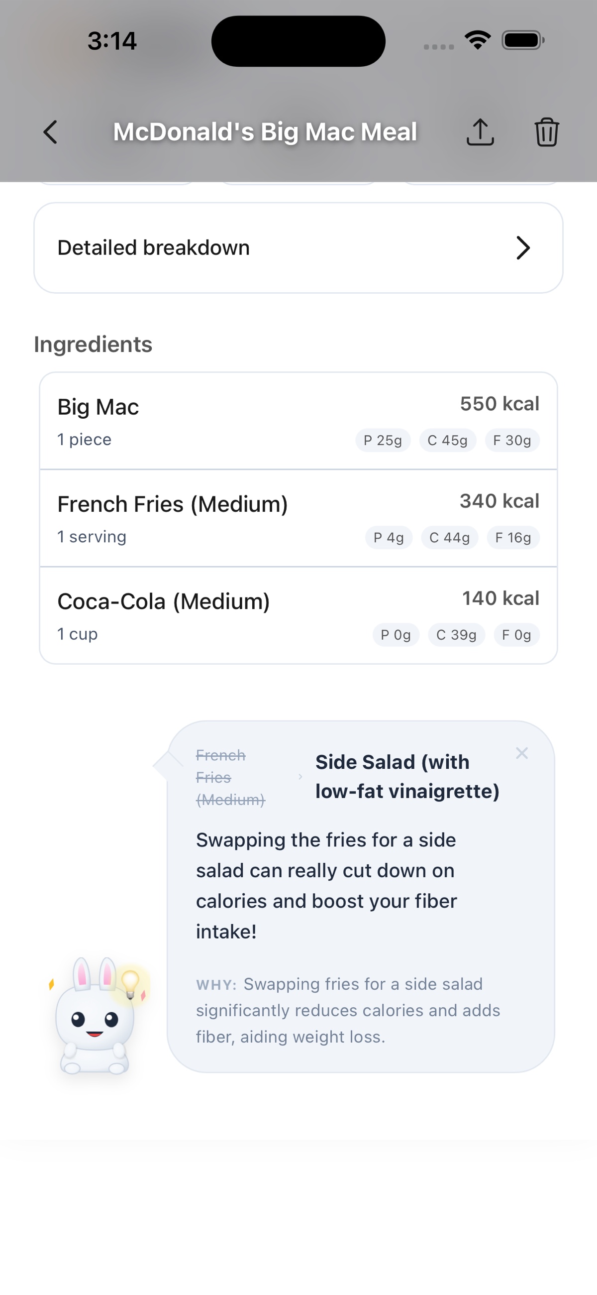 A Big Mac meal with French Fries crossed out and a Side Salad swap suggested, with the why explanation.